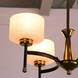 Maison Arlus, Mid-century chandelier, brass and opaline, France 1950