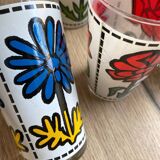 Set of 7 vintage enameled and screen-printed glasses 60/70