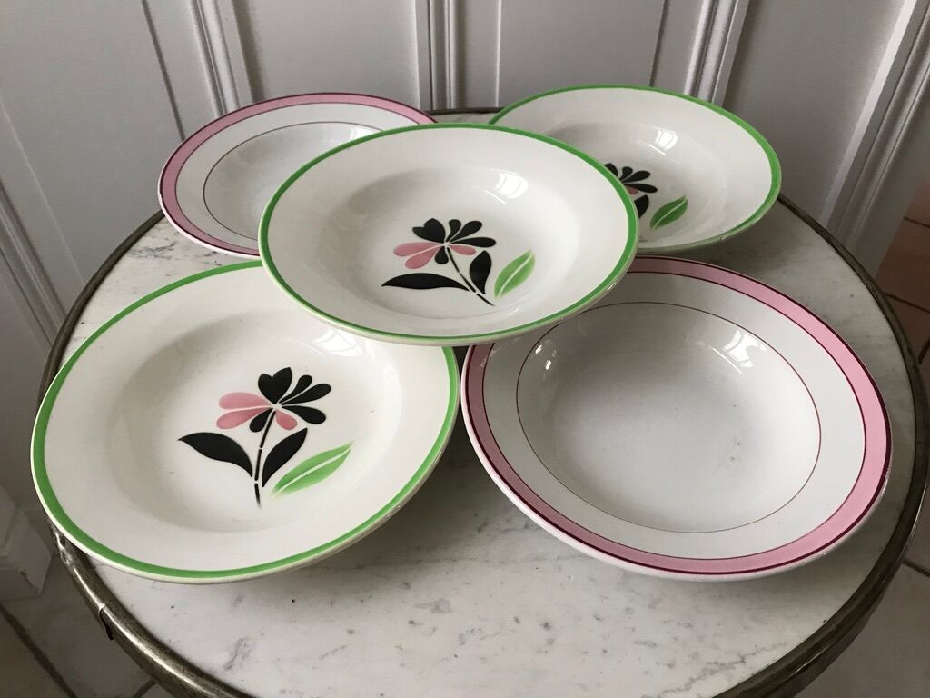 Lot of 5 hollow plates digoin sarreguemines model "rustic" and "casino" 50s