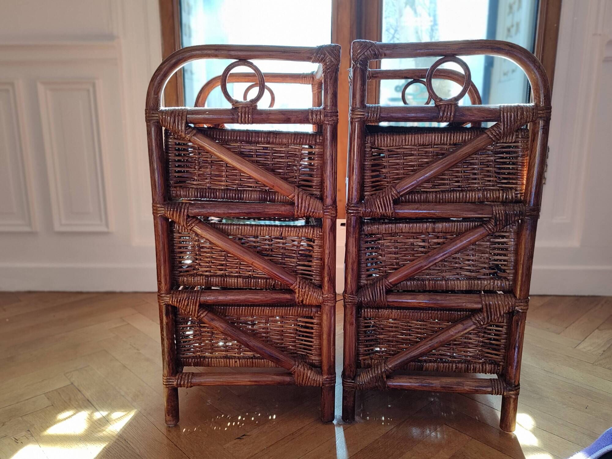 Pair of restored vintage rattan bedside tables – 3 drawers