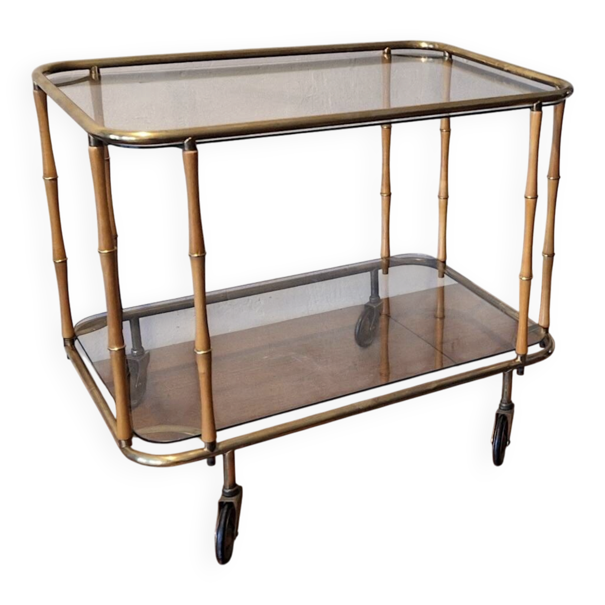 Faux bamboo cocktail trolley bar cart attr. Maison Jansen, France 1950s-60s