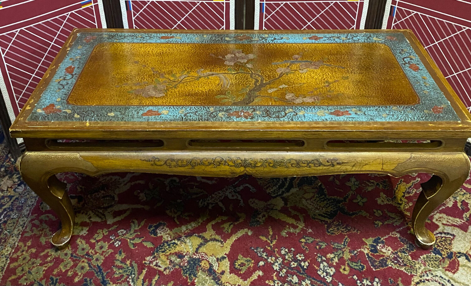 Chinese, Asian wooden coffee table nature peacock scene