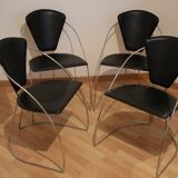 Set of 4 black leather armchairs with chrome steel frames from the 80s