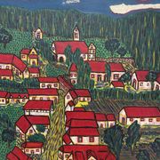 Peinture le village aux toits rouge
