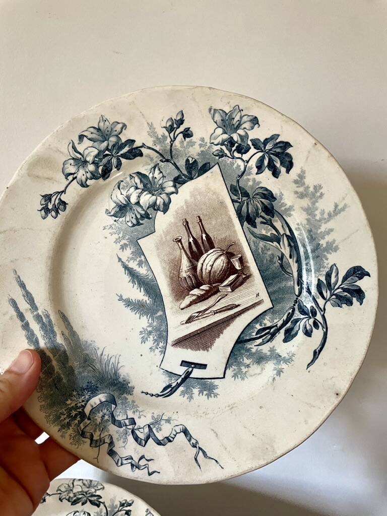 Set of 12 plates Terre de Fer, model Cartels, Creil & Montereau, 1900