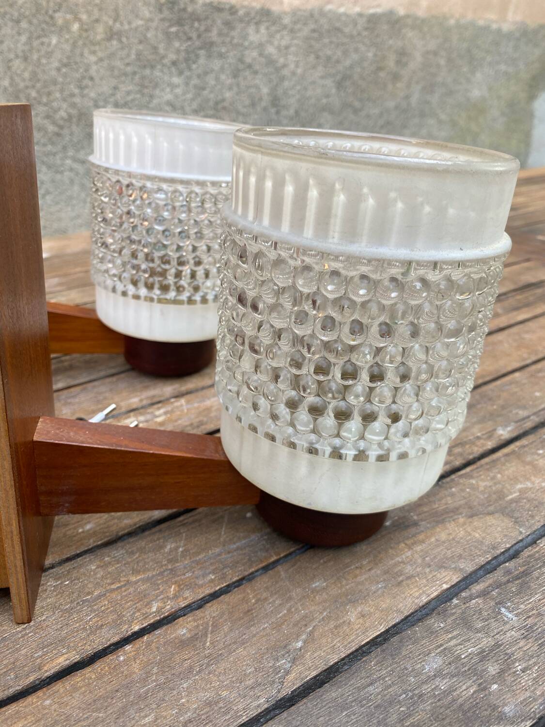 Pair of Scandinavian wall sconces in glass and teak, 1960s