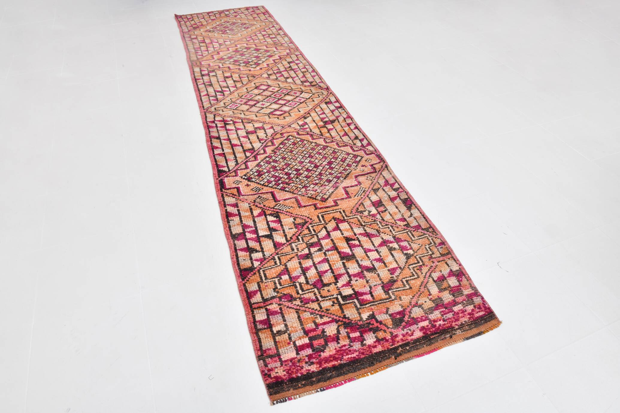 Fuchisa & Burgundy Turkish Runner Rug, One of a Kind Hallway Runner