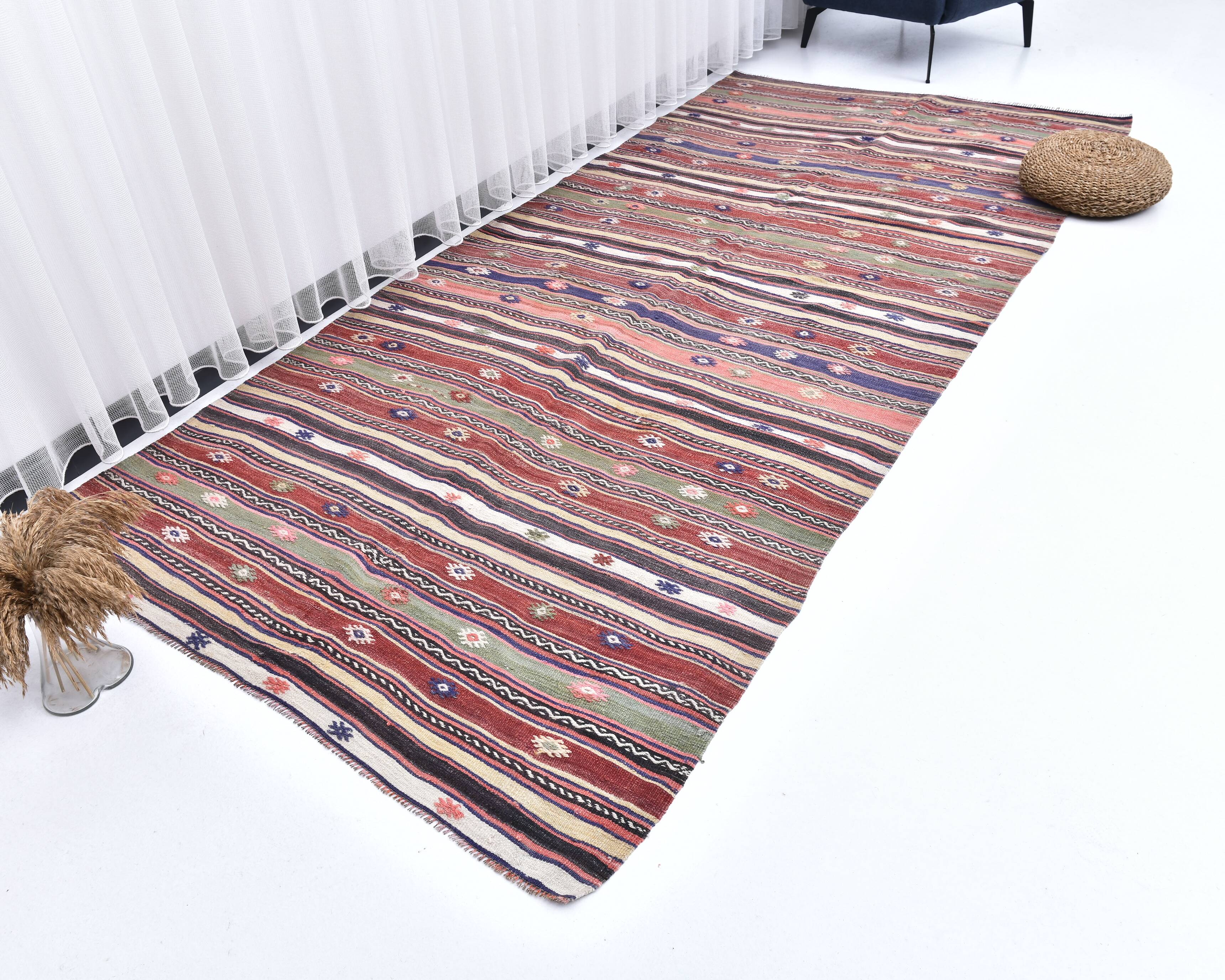 5x11 Red Blue Vintage Kilim Rug 149x326Cm