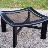 70s design coffee table in black lacquered wood with smoked glass top