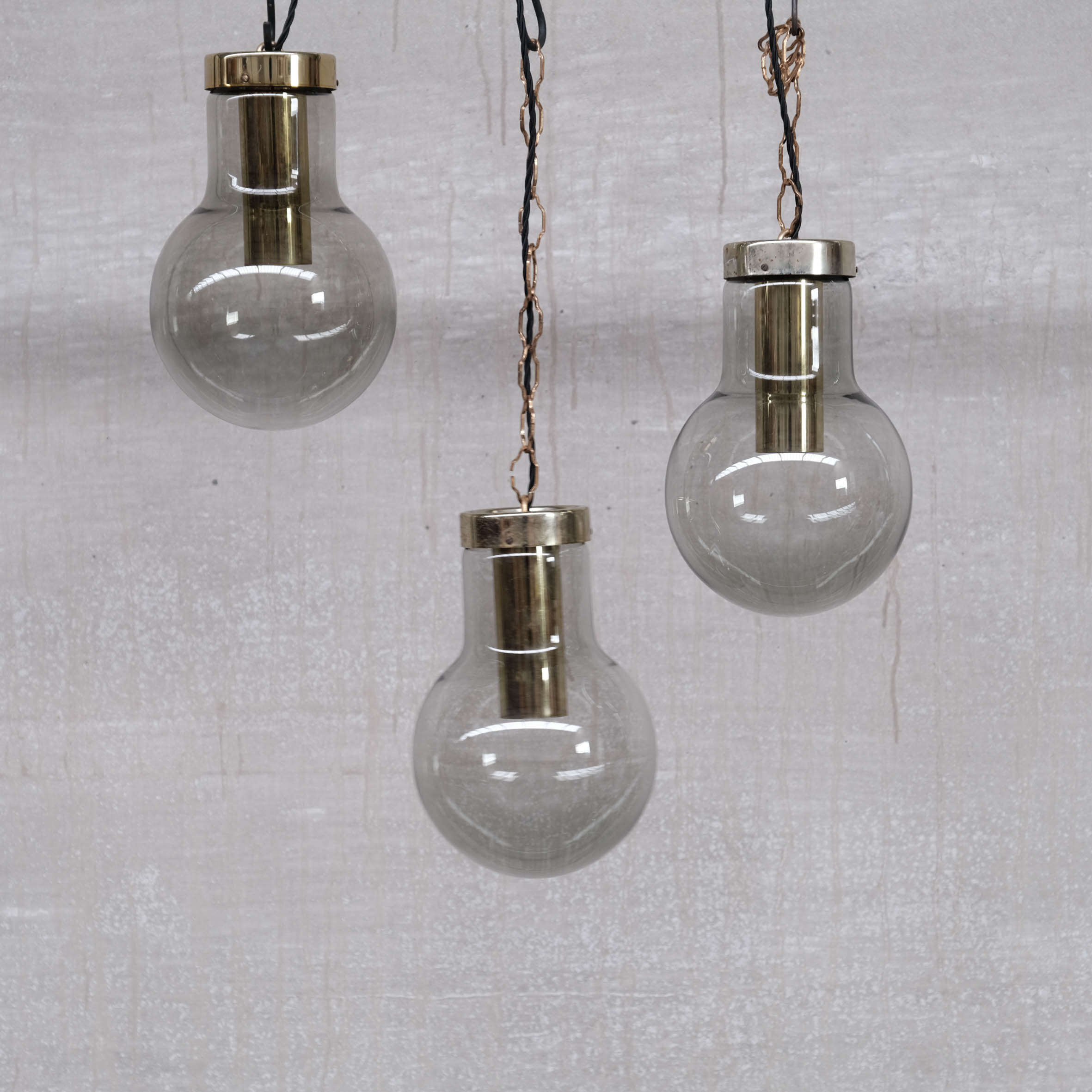 Smoked mid-century glass and brass pendant light by raak