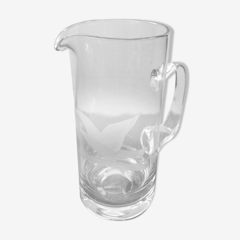 Pichet carafe verre soufflé transparent avec gravure aigle cuisine vintage