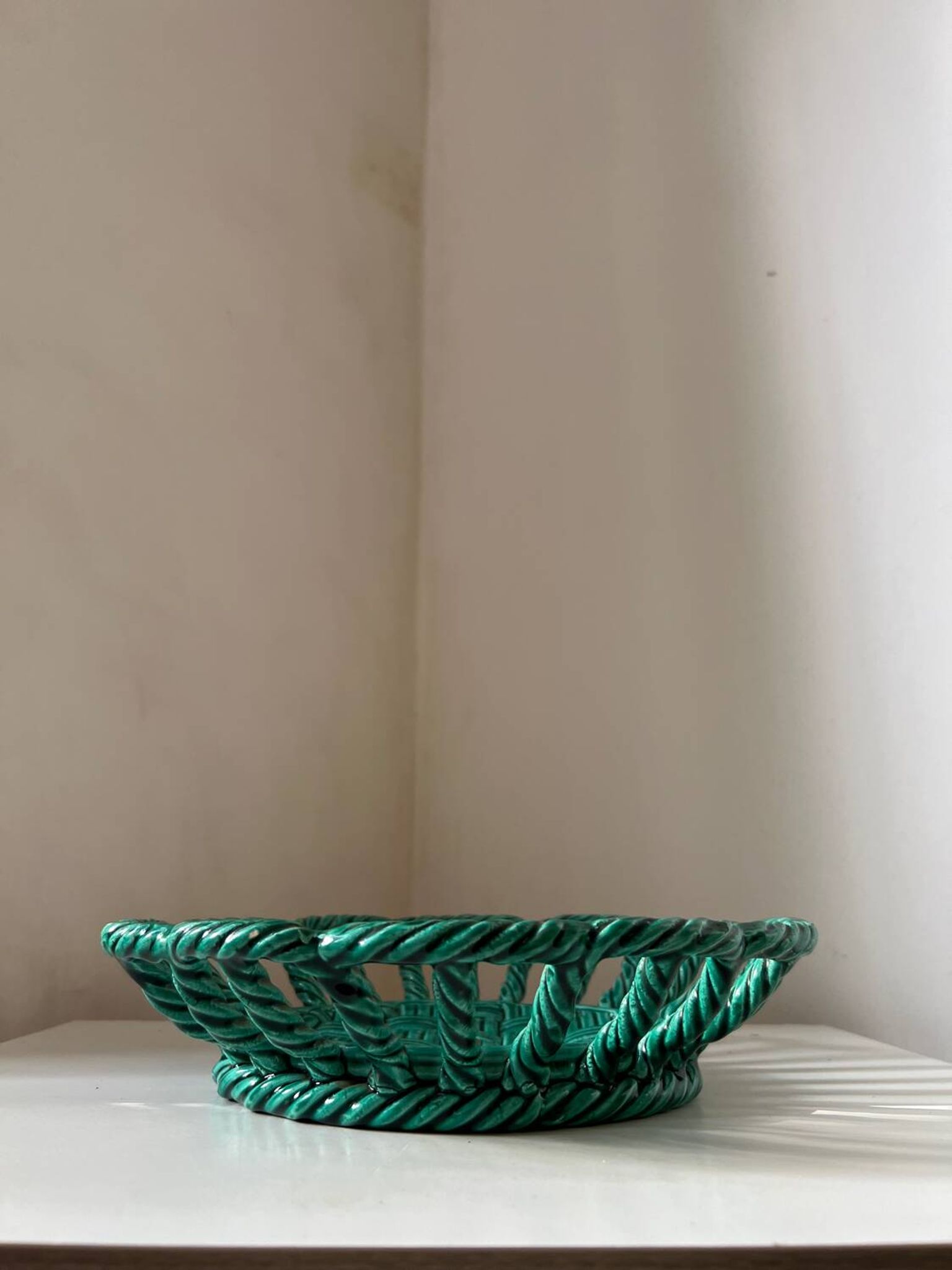 Green woven ceramic fruit basket in the Vallauris style, Malicorne E T