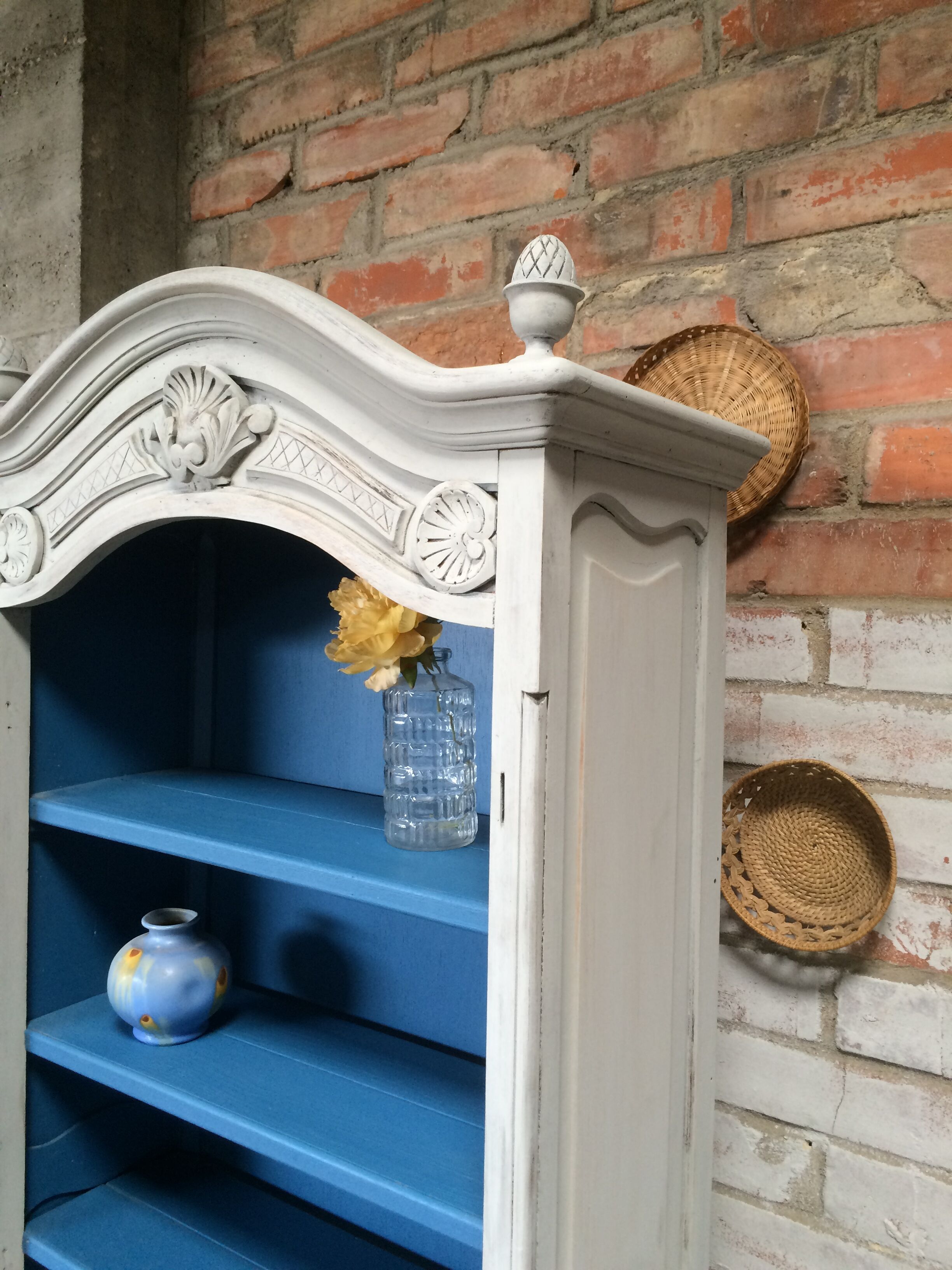 Old bookcase gray & blue wood mouldings