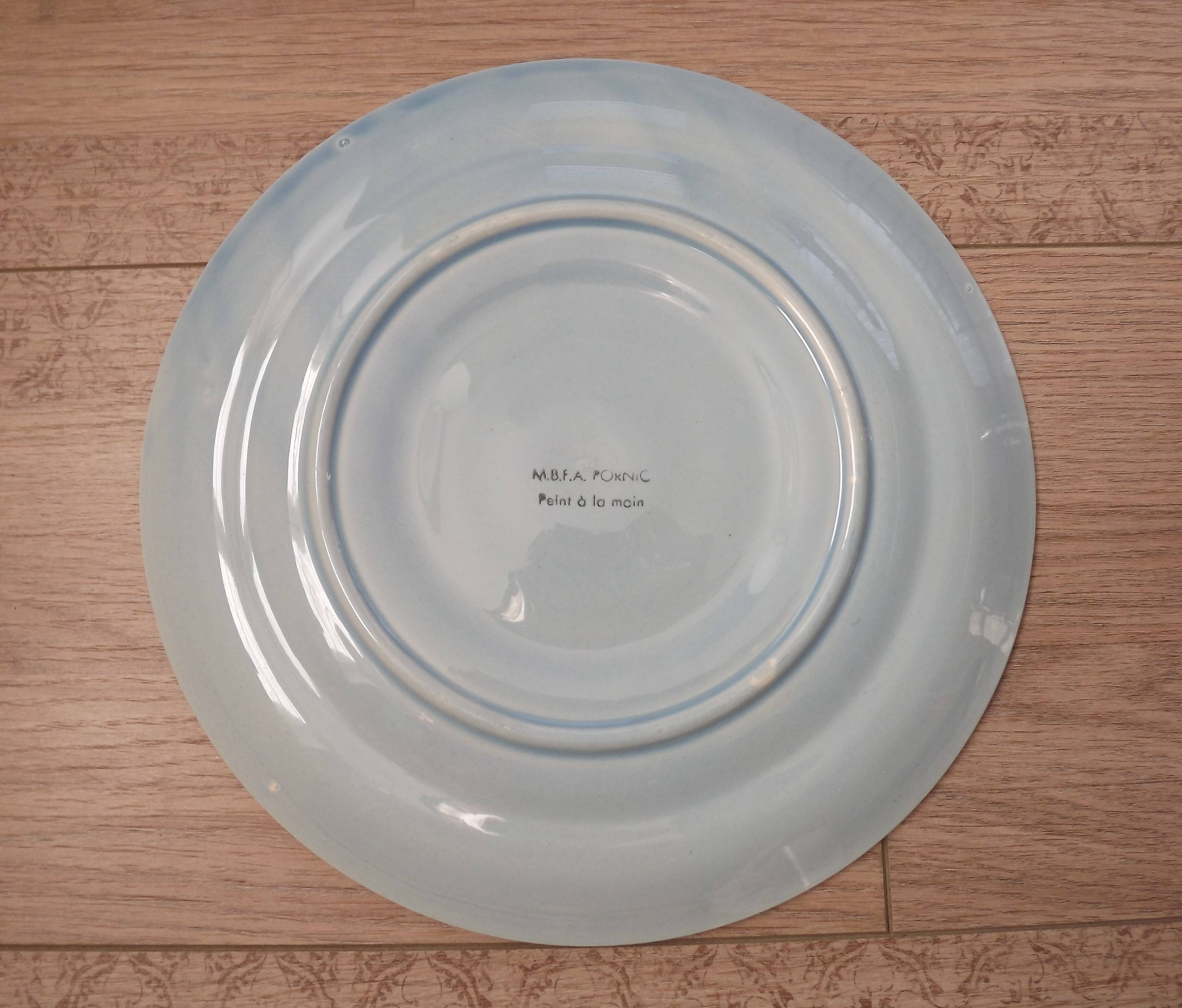 Set of 6 Vintage French Blue Grey & Orange Hand Painted Pordic 6 Serving Oyster Plates 4973