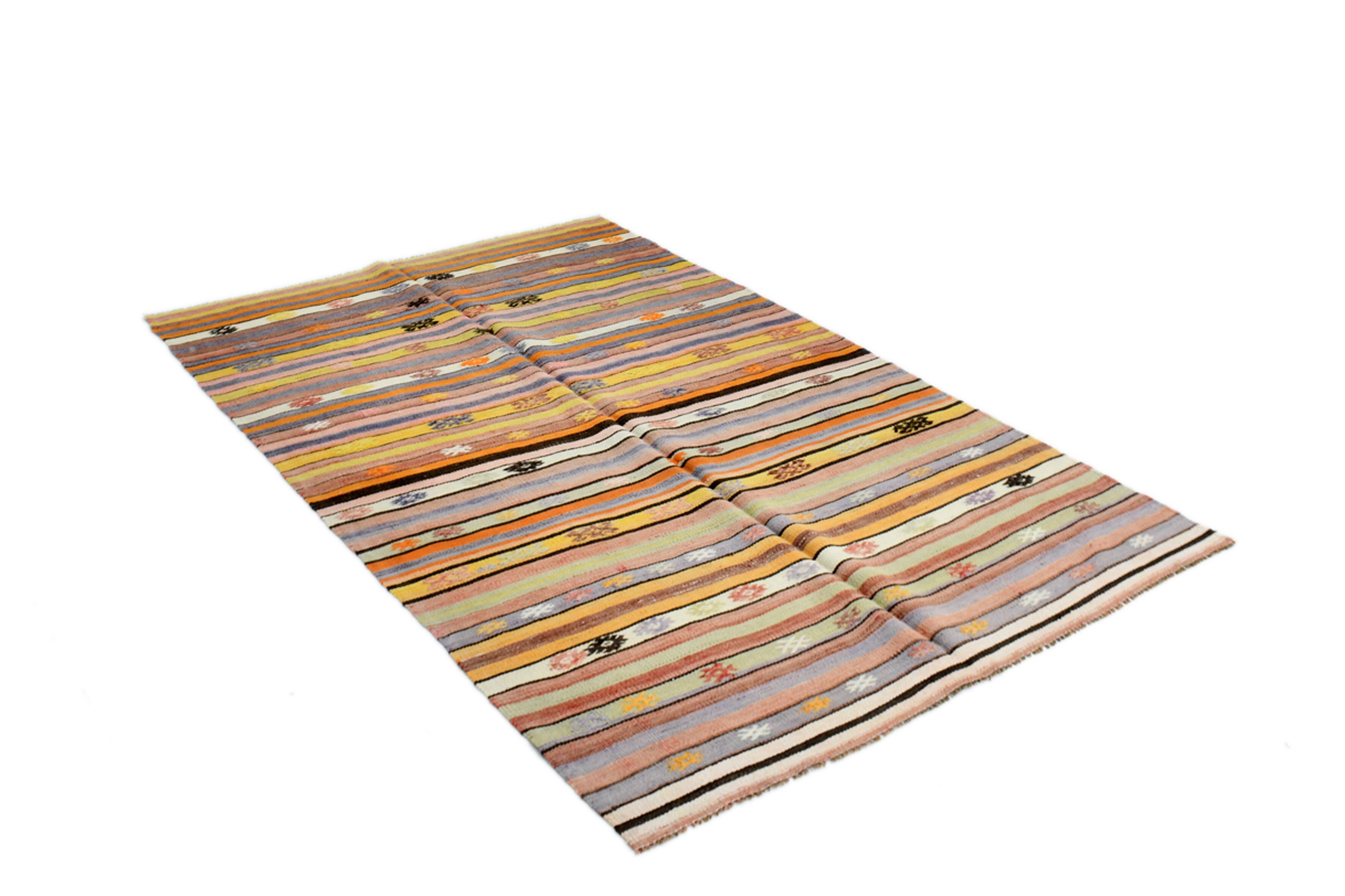 Kilim Vintage Anatolien Rayé – Tons Pastel Multicolores, Style Bohème