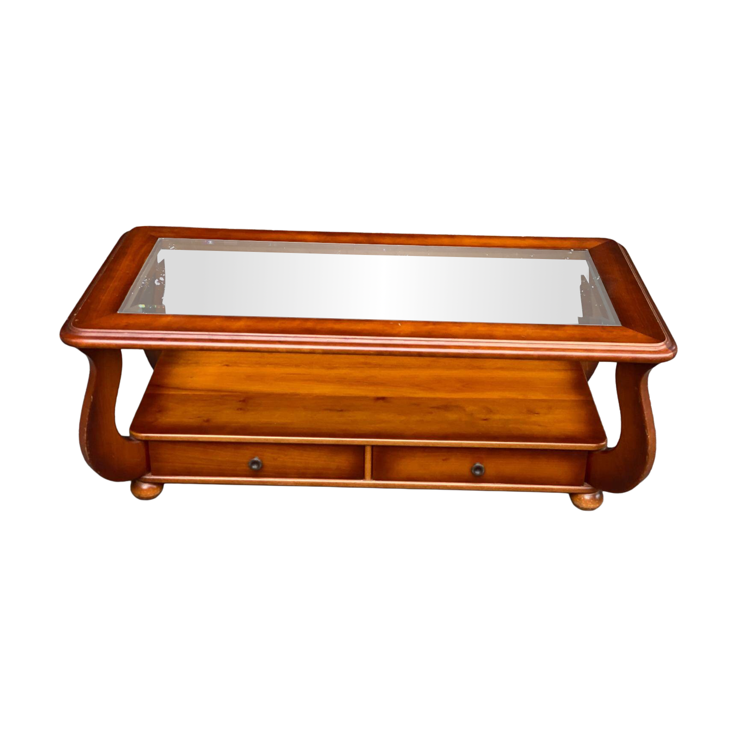 Louis XIV coffee table in solid wood and glass with 2 drawers