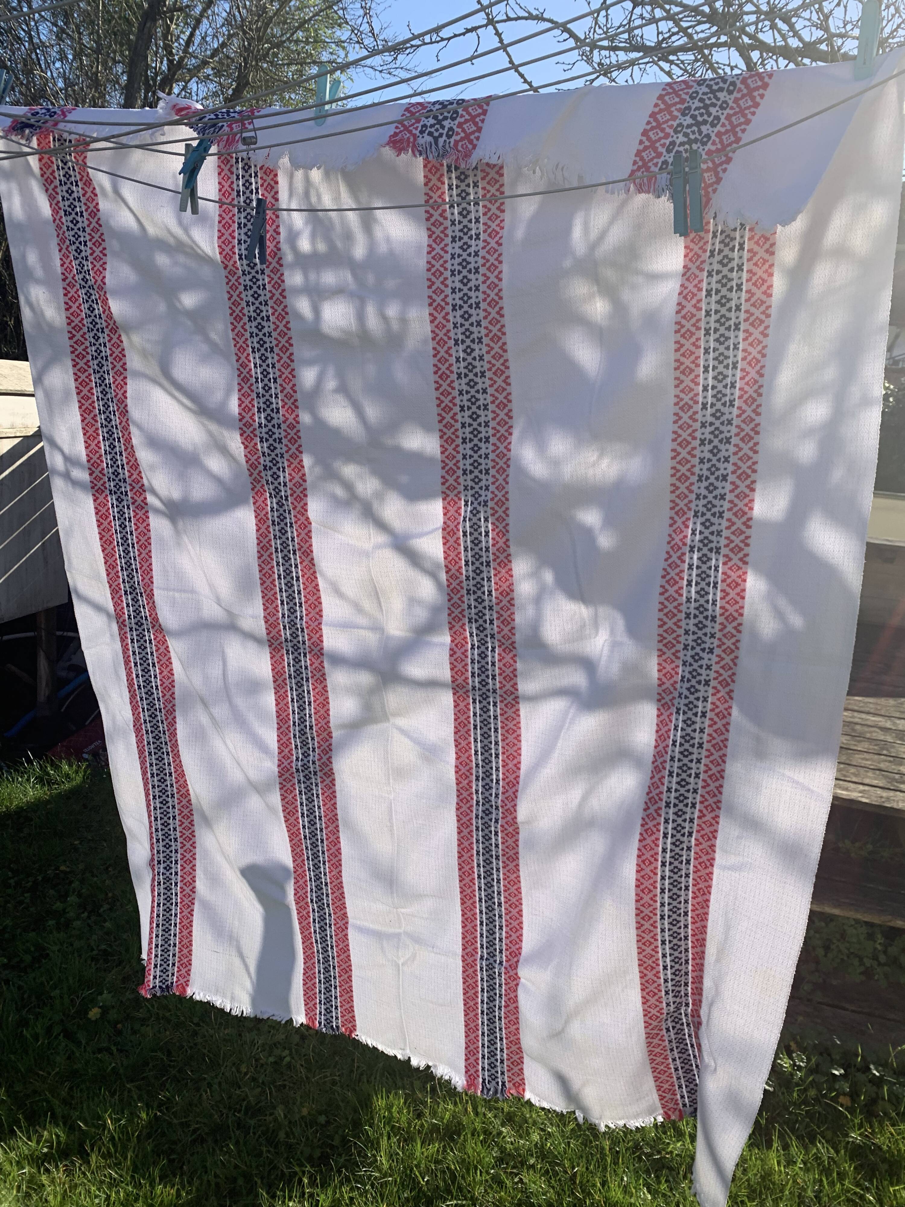 Rectangular tablecloth, Basque linen, original, pink and indigo blue frieze pattern on white cotton