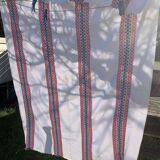Rectangular tablecloth, Basque linen, original, pink and indigo blue frieze pattern on white cotton