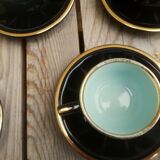 Set of 9 cups and sub-cups in black ceramic and colored gold border