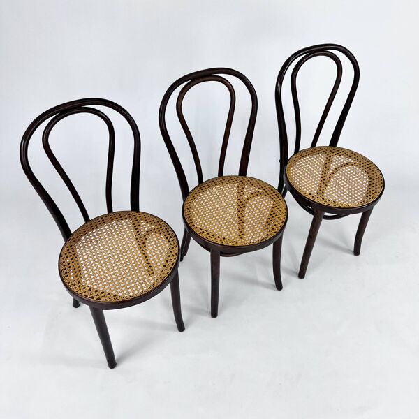Ensemble de 3 chaises de café en bois courbé et cannage, 1970s