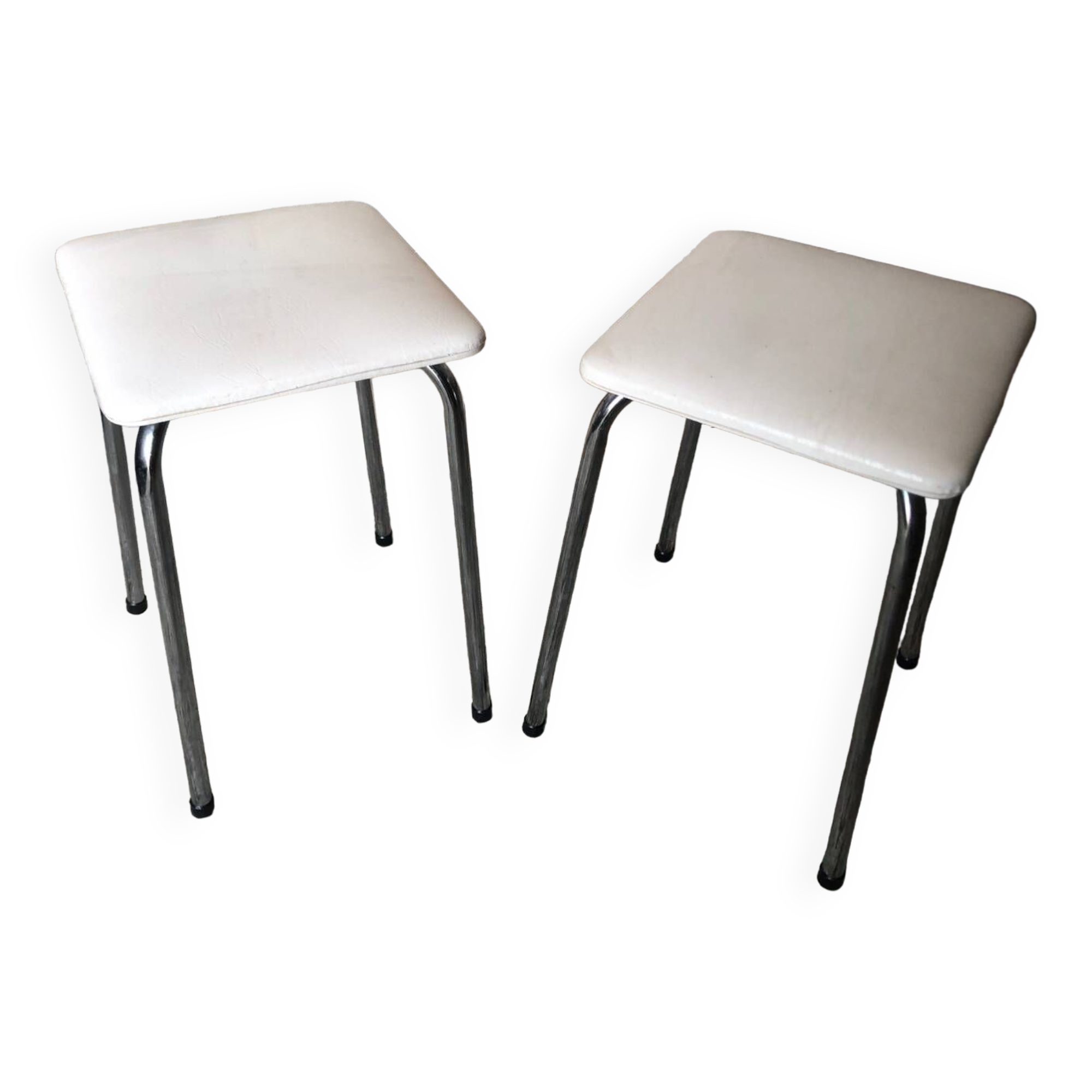 Pair of chromed metal stool + skai seat 1970s vintage