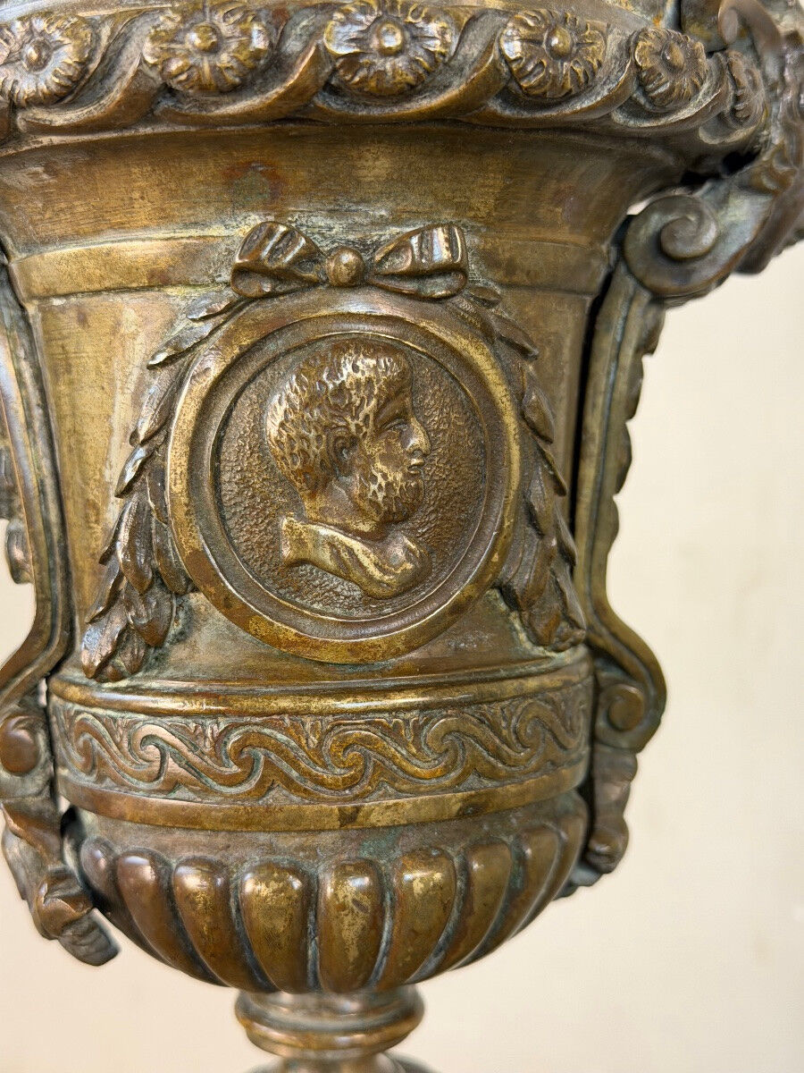 Pair of Louis XIV style andirons in bronze after a design by André-Charles Boulle.