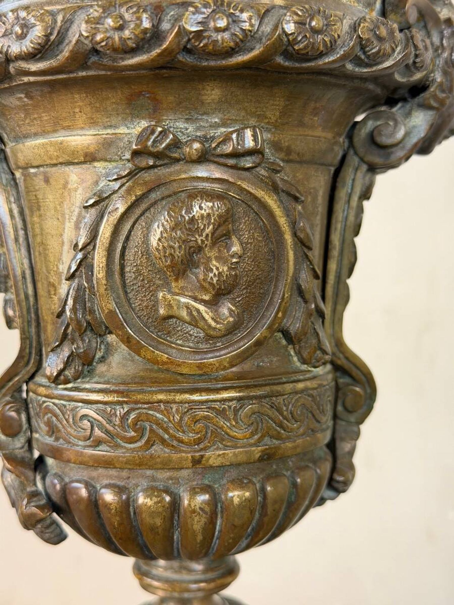 Pair of Louis XIV style andirons in bronze after a design by André-Charles Boulle.