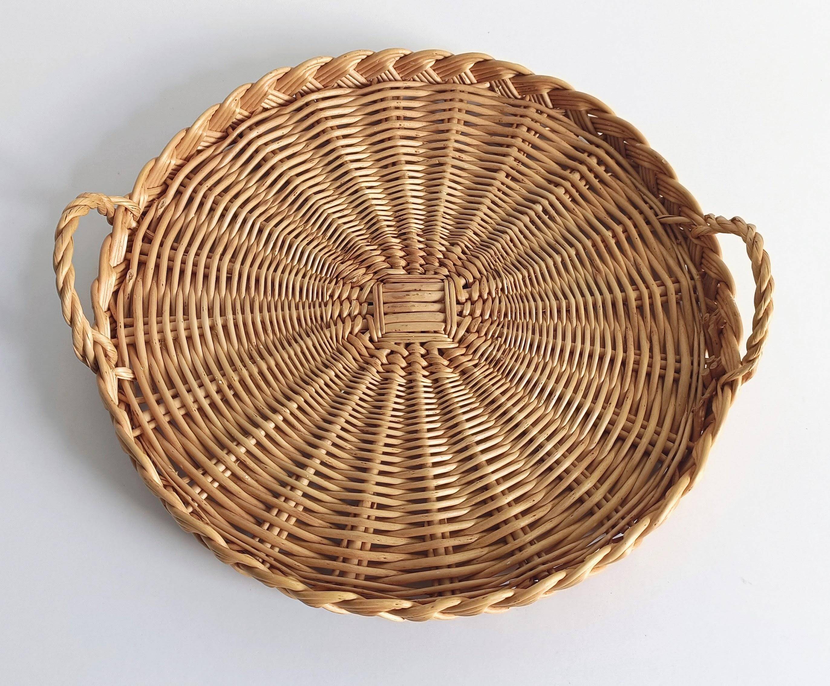 Rustic French Provence Large Round Handled Wicker Tray, France