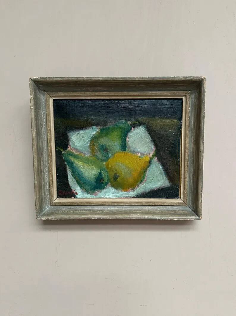 Swedish Original Oil on Panel – "Pears" by Elfrén – Signed – Vintage and Framed