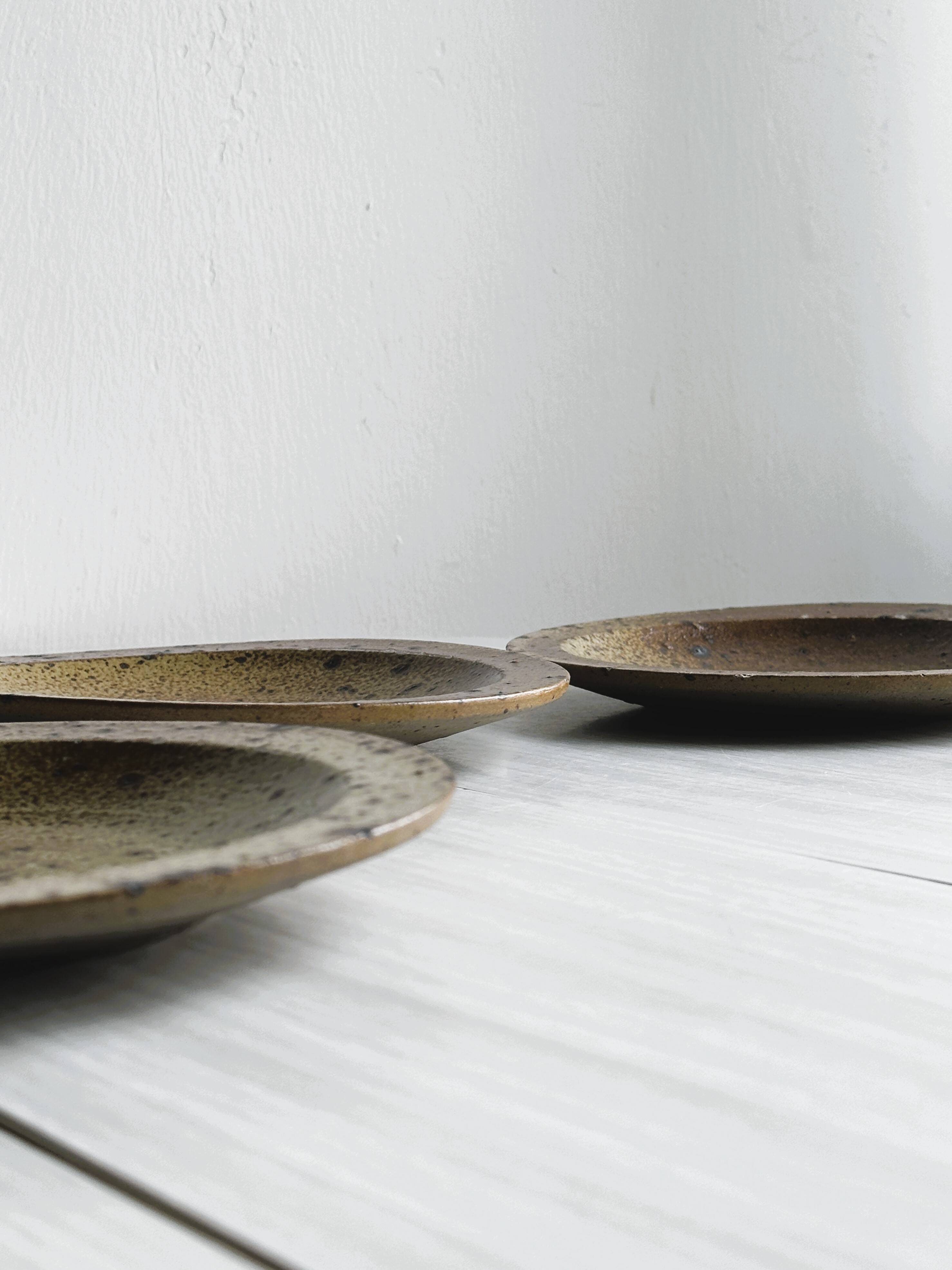 3 assiettes en grès rustique, finition mouchetée marron et beige.