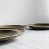 3 rustic stoneware plates, brown and beige speckled finish.