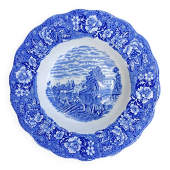 Assiette creuse vintage bleue, porcelaine anglaise, transferware, Shepperton Middlesex Staffordshire, scènes de la Tamise, poterie Palissy