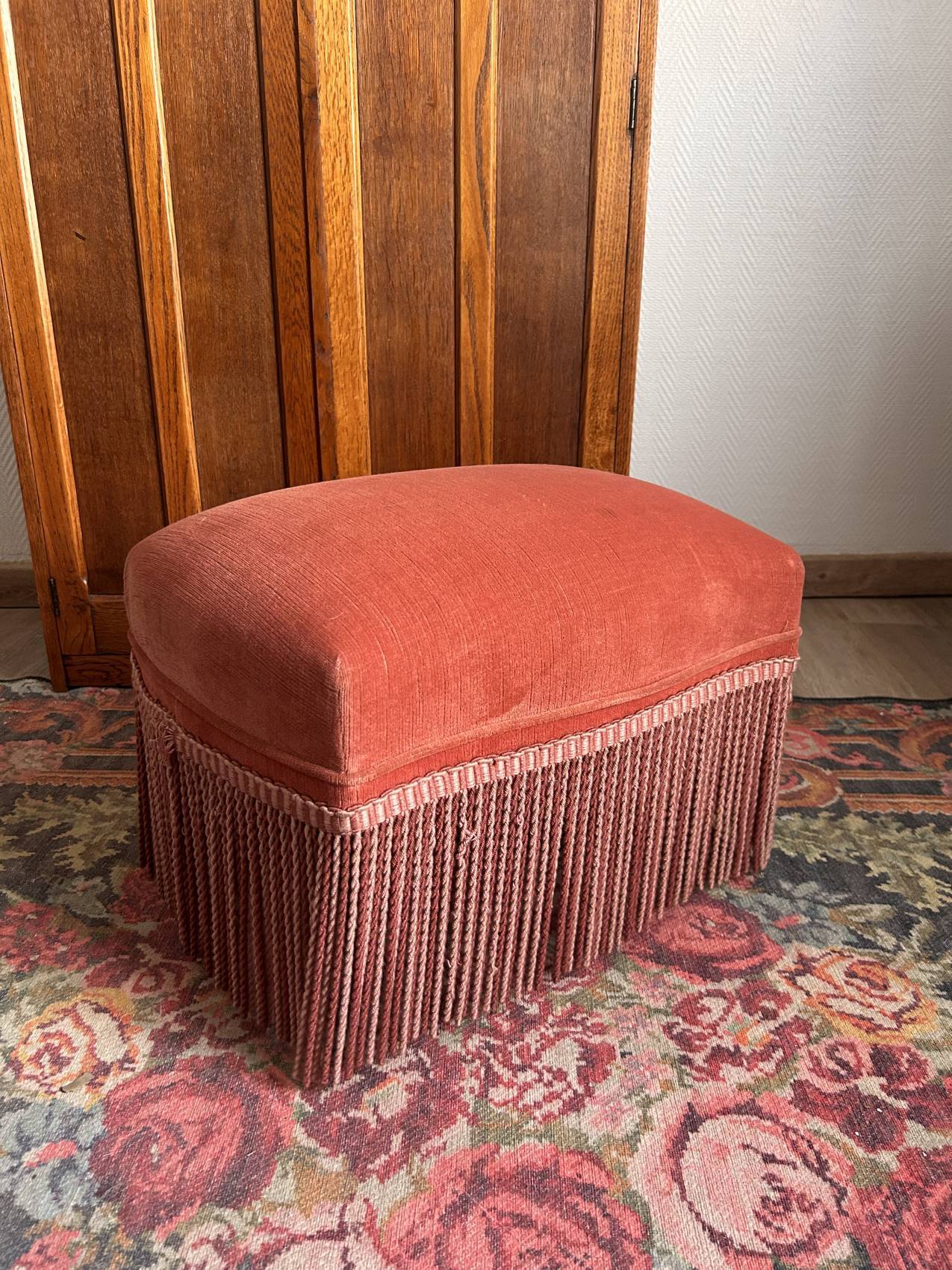 Vintage pink velvet fringe ottoman pouf