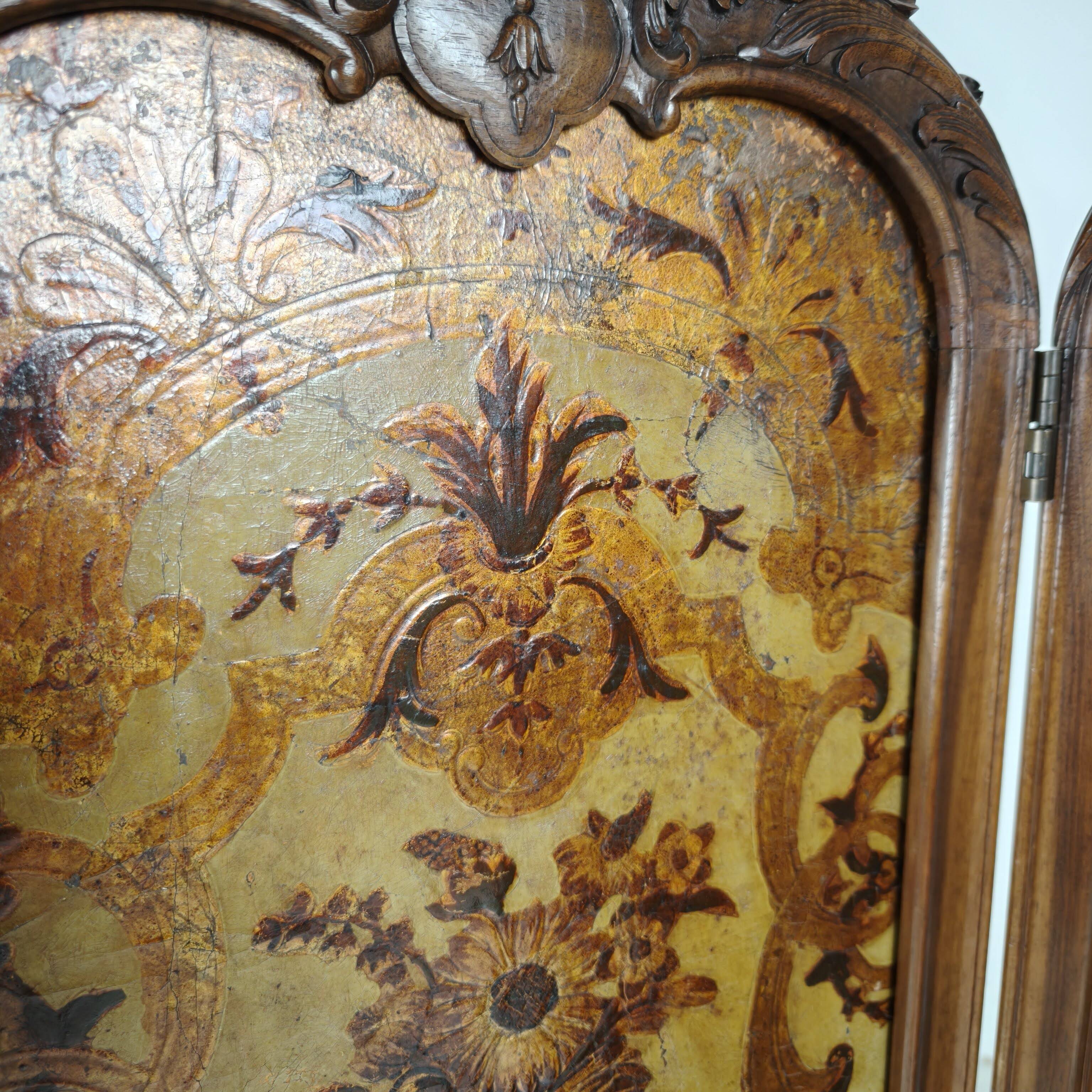 Gilt Leather Room Divider with Rich Carving, Circa 1860