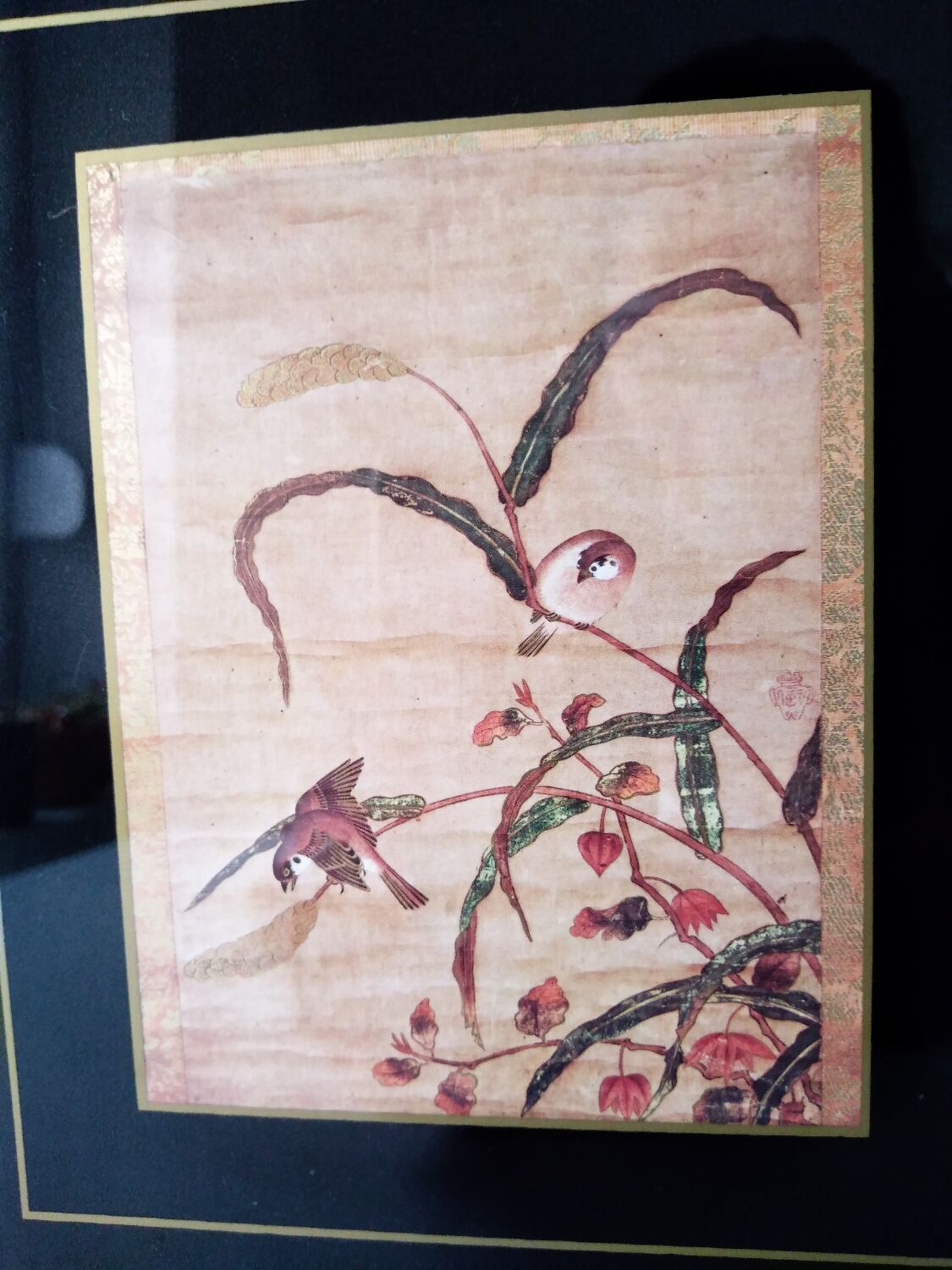 Frame decoration birds black and gold handmade screen printing France