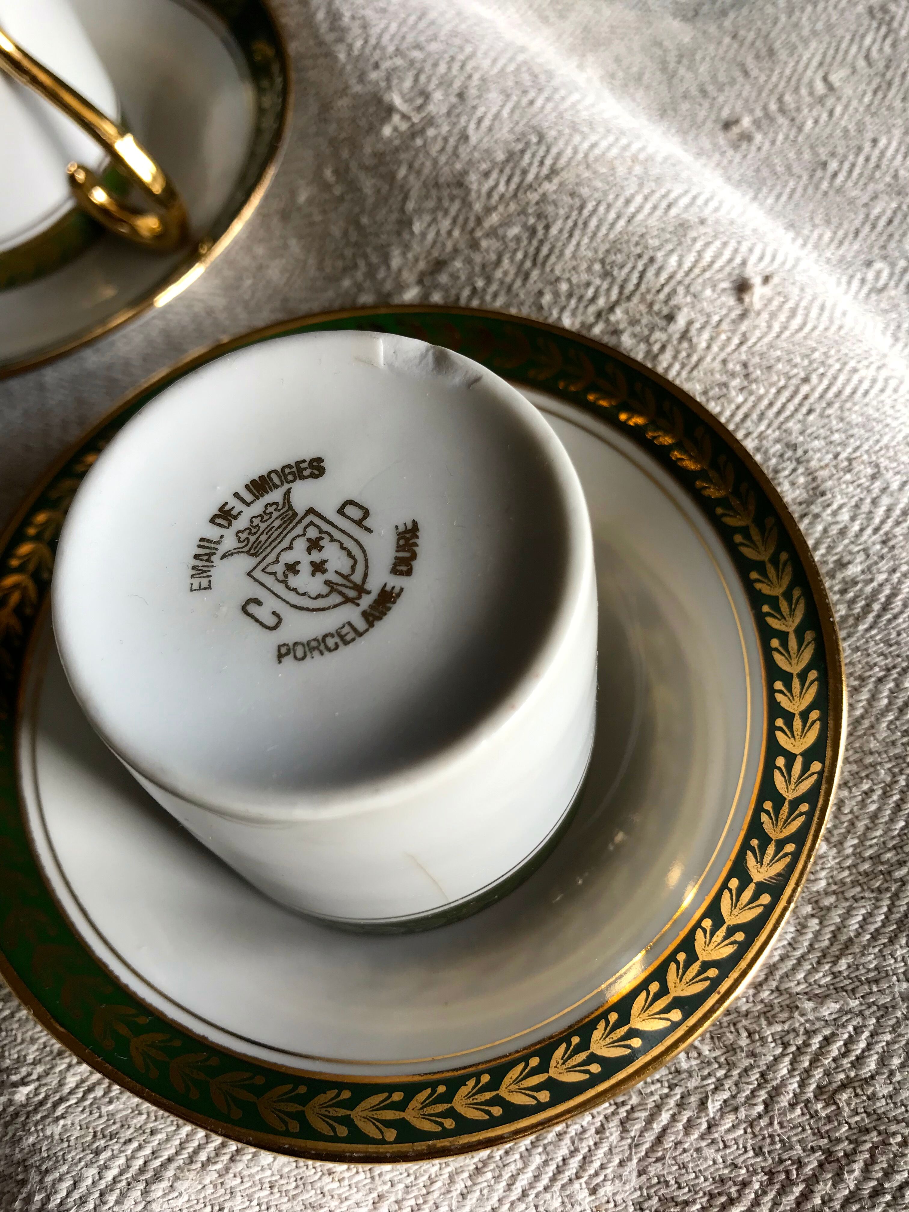 Vintage mocha set 5 coffee cups Napoleon porcelain white frieze green gold by hand