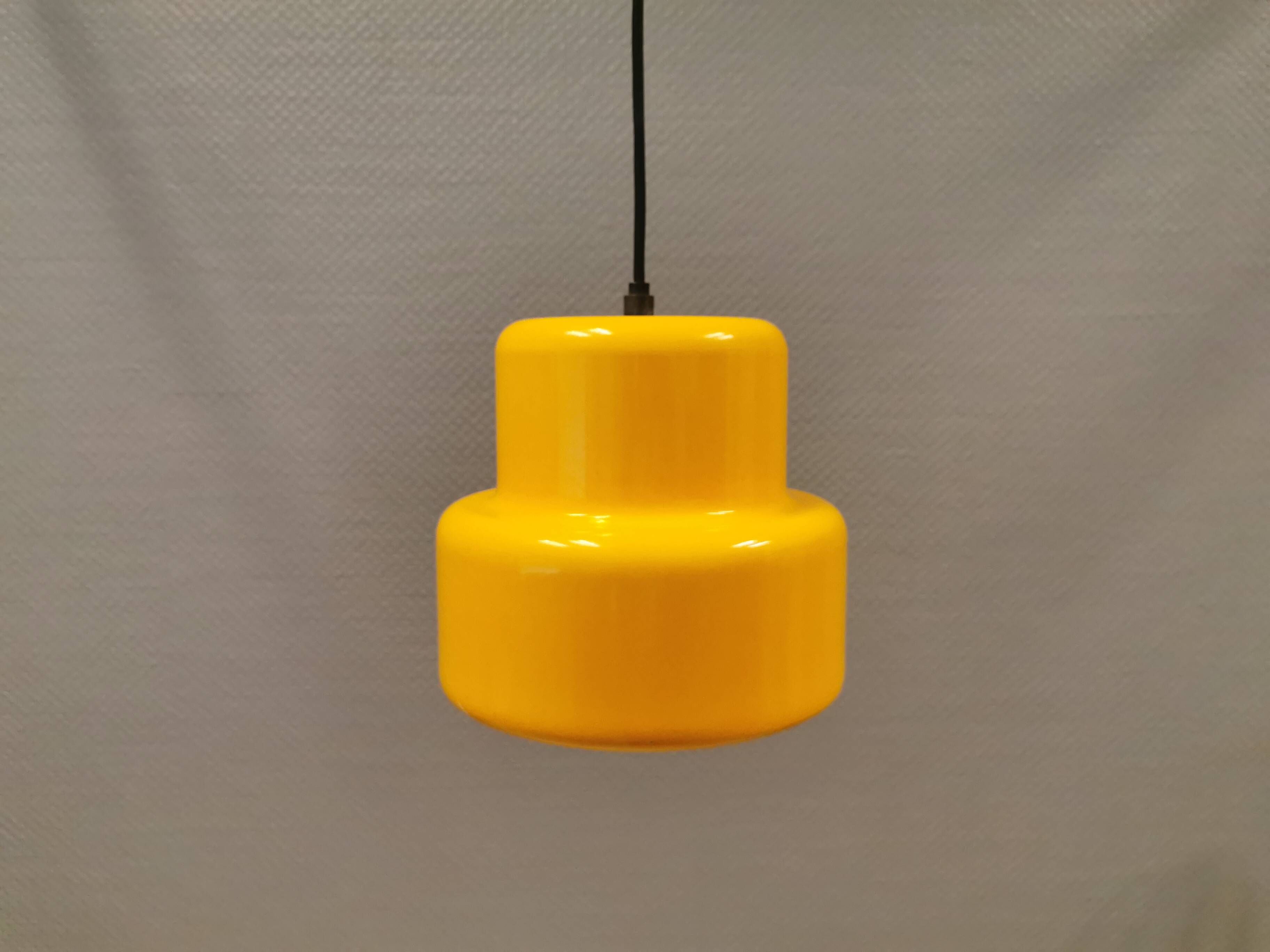 Mini poker hanging lamp in beautiful original sunny yellow color, designed by Jo Hammerborg 1977