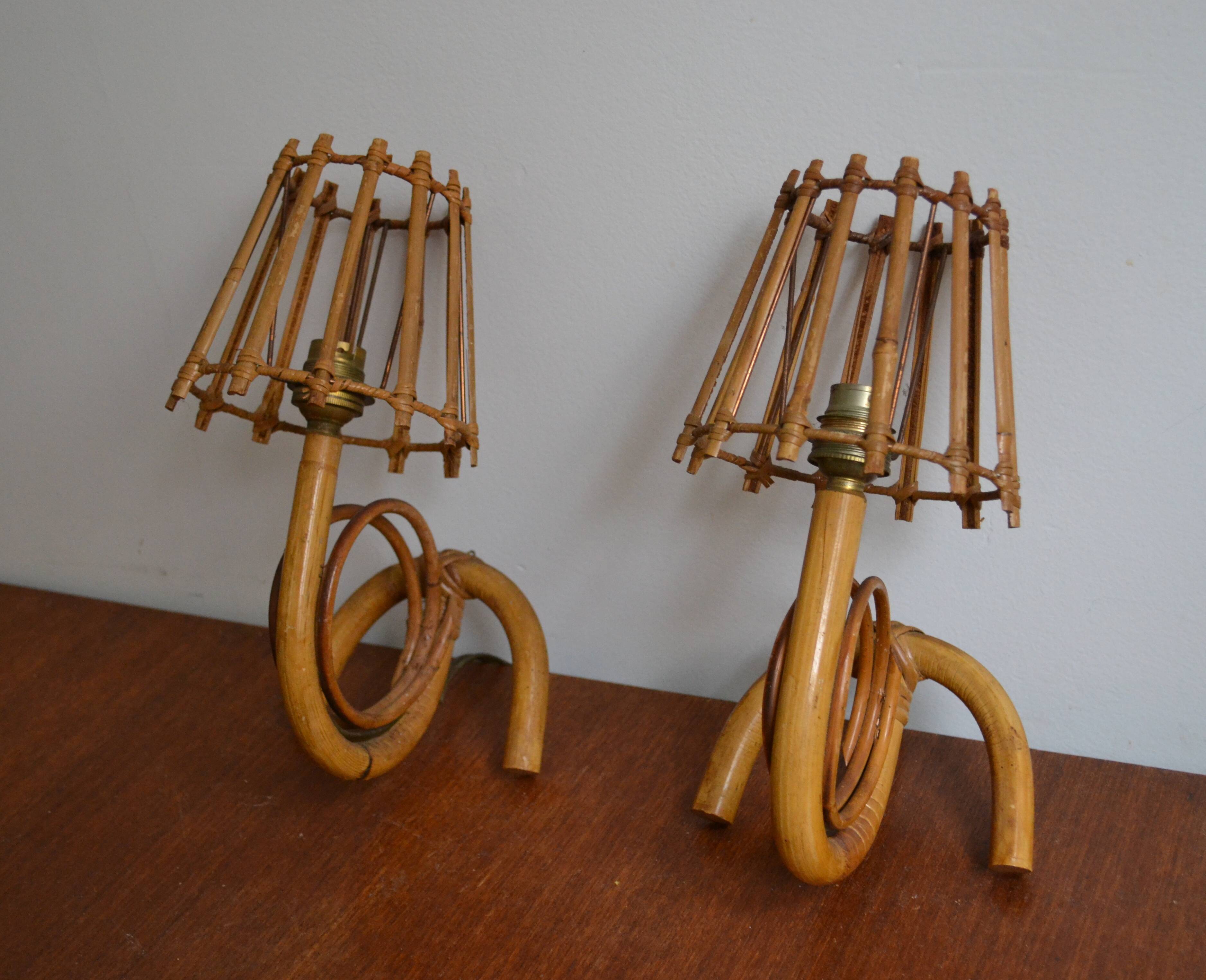 Pair of rattan wall lamps 70s Louis Sognot