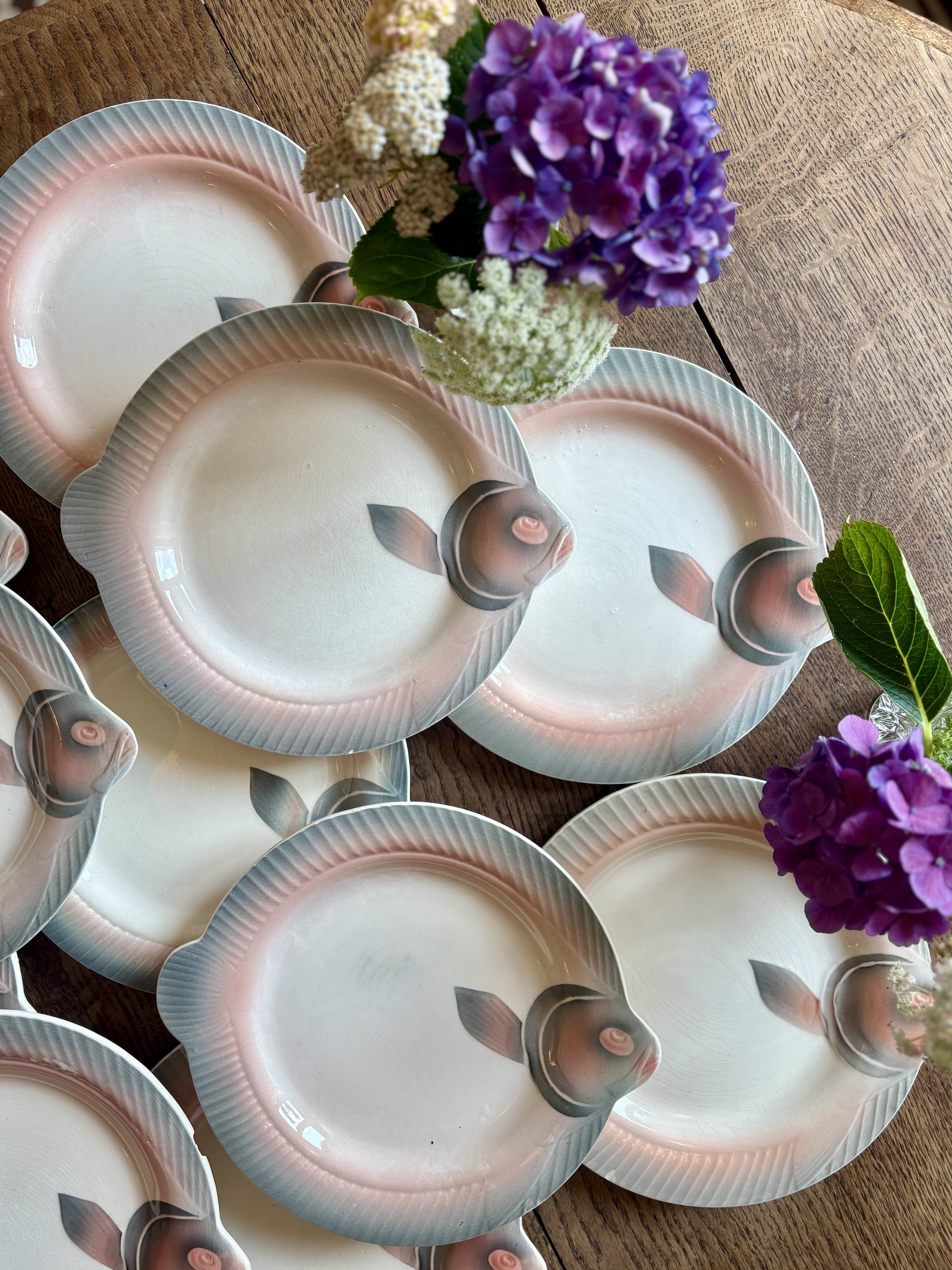 Set of 12 vintage pink and gray fish-shaped plates - Digoin