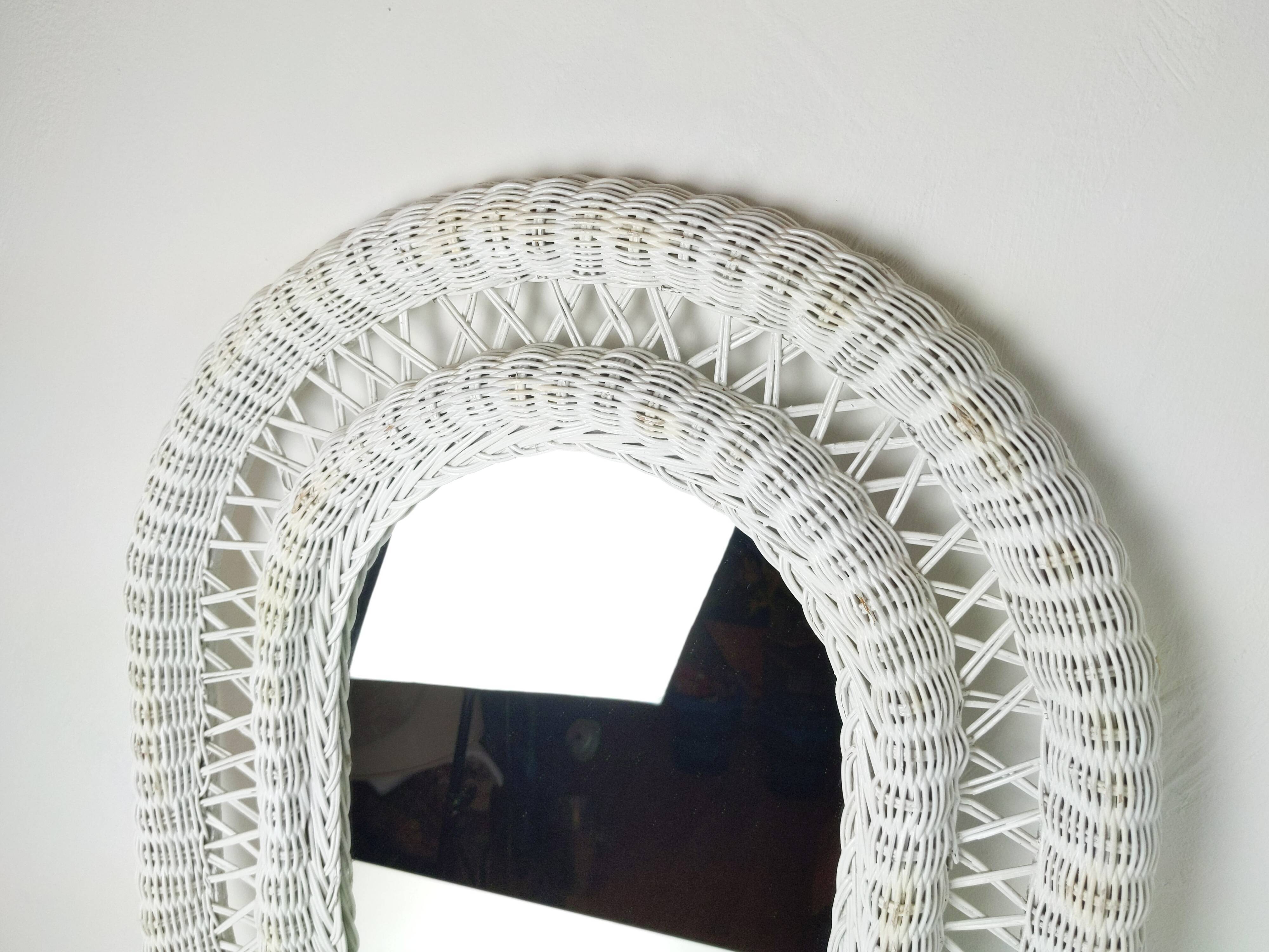 Large framed white wicker mirror 1970s  57x72cm