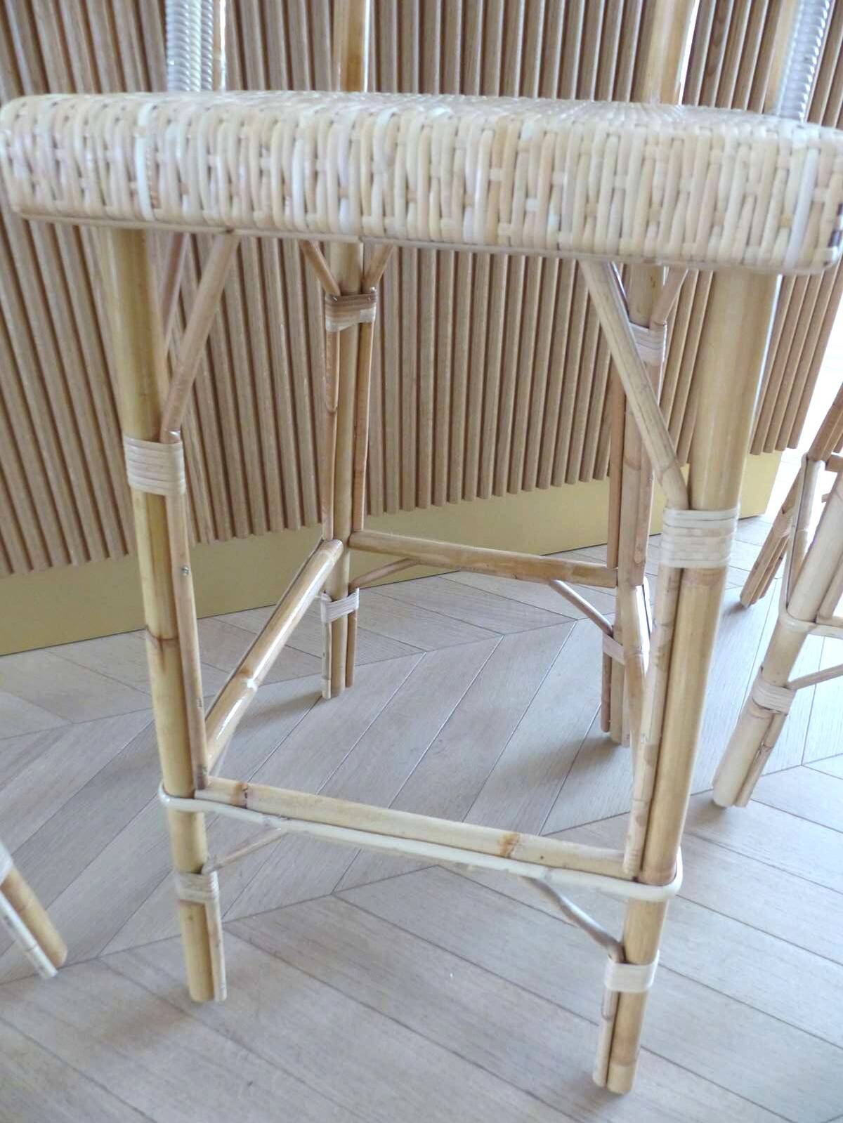 Lot of 3 Maison Louis Drucker light Manila rattan bistro high chairs.