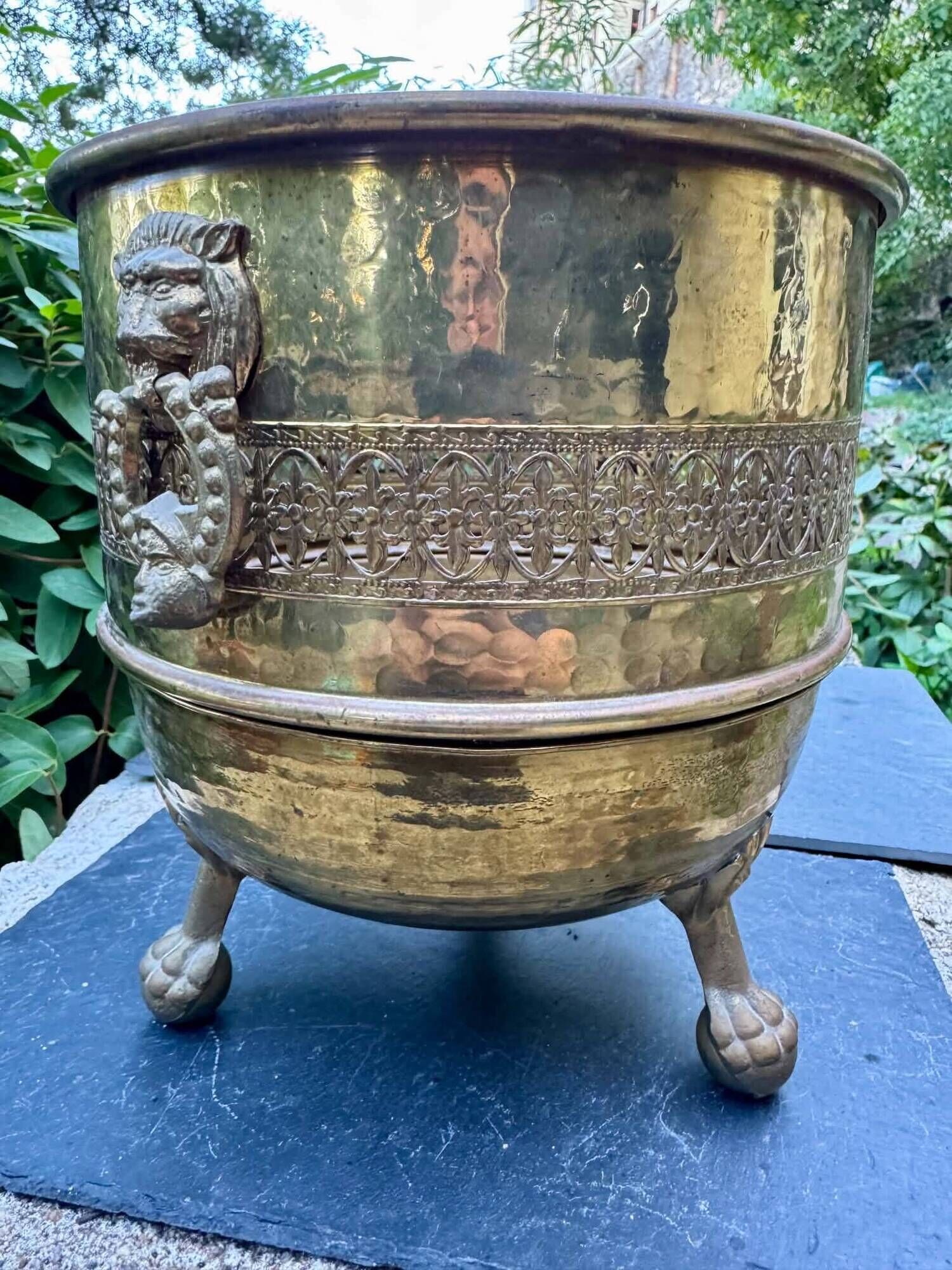 Large solid brass lion cache pot Art Nouveau