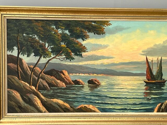 Old painting HST Signed Morel Boat by the Sea
