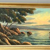 Tableau ancien HST Signé Morel, bateau en bord de mer