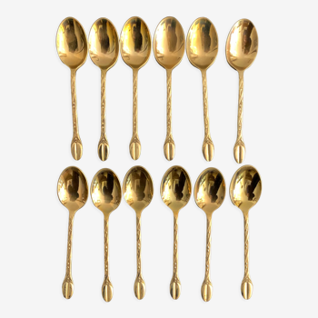 Box of 12 gold vermeil teaspoons and a sugar tongs