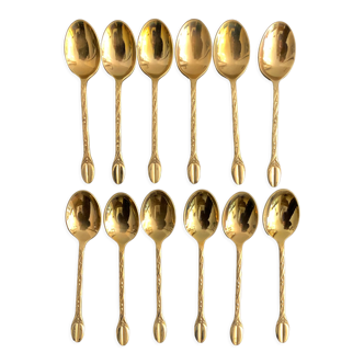 Box of 12 gold vermeil teaspoons and a sugar tongs