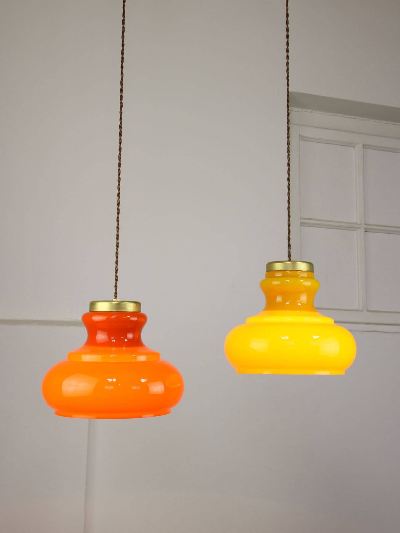 Mid-century italian glass & brass pendant lamps, set of 2
