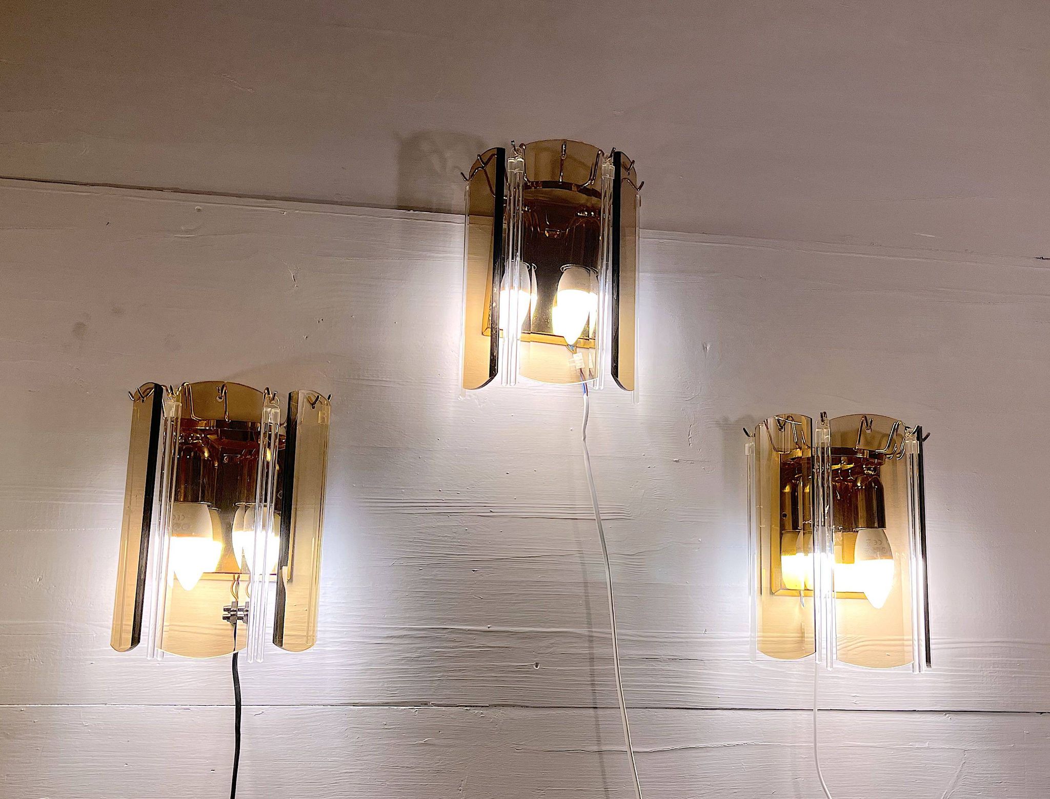 Trois Appliques Venini, verre fumé biseauté, italie, 1970