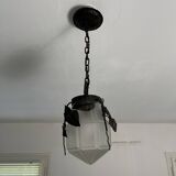Antique glass and wrought iron pendant light with ivy decor Art Deco chandelier globe