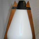 Italian hanging lamp in brass opaline and teak from the 70s